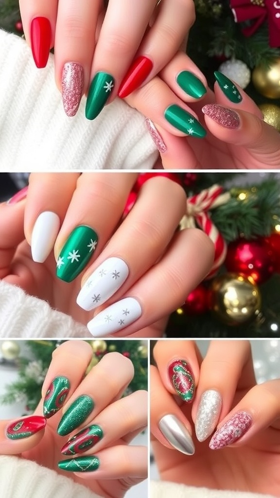 A display of Christmas-themed nail designs for 2024, featuring red, green, glitter, and holiday patterns.